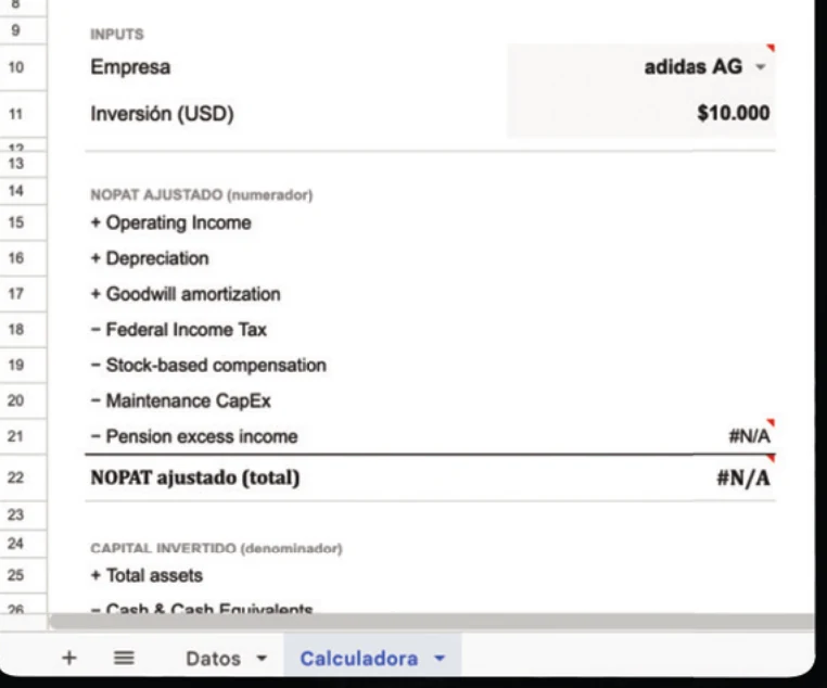 Calculadora ROIC en una planilla